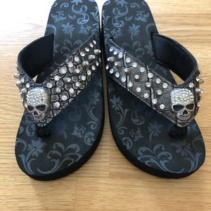 Rhinestone and skull flip flops